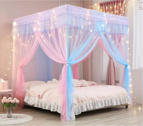 Betthimmel, Betthimmel, Bettvorhänge mit Himmelrahmen, Prinzessinnen-Betthimmel für Mädchen, Bettvorhänge, Moskitonetz für Bett, Schlafzimmerdekoration (Regenbogen, 1 x Betthimmel + Himmelrahmen)