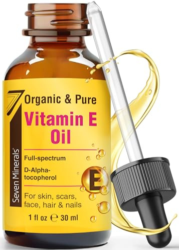 Seven Minerals Ultra Pure Vitamin E Oil - Full-Spectrum D-Alpha Tocopherol, 1 Fl Oz - 100% Organic Vitamin E Oil for Skin, Face, Hair, and Scars - Naturally Occurring = Not Synthetic