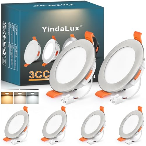 YindaLux 6x LED Einbaustrahler 230V Dimmbar 5W IP44 Nickel Loch 65-75 mm | 550lm, IP44, ultraflach, 3 Lichtfarben 3000K/4000K/6000K wählbar, Flimmerfrei, für Bad, Küche und Wohnzimmer