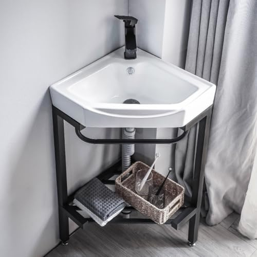 Eckwaschbecken aus Keramik für Badezimmer, Waschtischkonsole, Waschwannenstation, Freistehendes Handwaschbecken, rechteckiges Porzellanwaschbecken mit Metallbeinen, Standwaschbecken, Ablageregal(43CM/