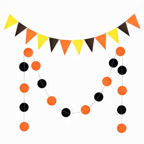 Wimpelkette Happy Birthday aus Papier, Dreieck, Wimpelkette, Kreis, Konfetti-Punkte, für Babyparty, Halloween, Weihnachten, Party-Dekoration (Schwarz + Orange)