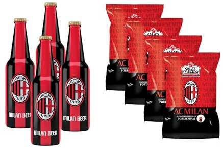 Bombeer del MILA.N 4 Bottiglie da 33cl + 4 Patatine da 25gr - Birra Originale By Christian Vieri - Puro Malto Bottiglie di Vetro - Made in Italy