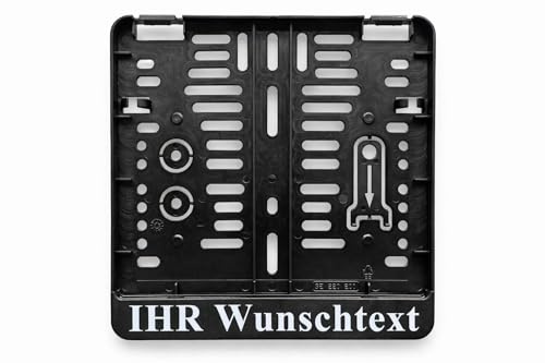 1x Schwarz Kennzeichenhalter 220 x 200 mm mit individuellem Wunschtext Weiß Direkt Bedruckt mit UV-Digitaldruck