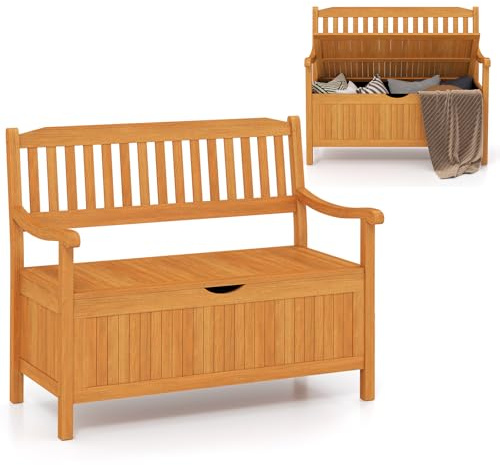 COSTWAY Banc de Jardin en Bois d'Acacia, Banc Coffre Exterieur 125L,Naturel | Dossier et Accoudoirs, Levage à Ressort, Patins de Protection, Banquette pour Jardin Porche Cour, 107 x 59 x 90 CM