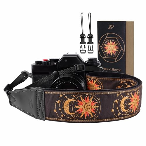 Padwa Lifestyle Helios Moon God Camera Strap -2 Full Grain Leather Ends Camera Straps for Photographers, Vintage Embroidered Cotton Weave Soft Suede Fabric Padded Strap Quick Release fits All Cameras