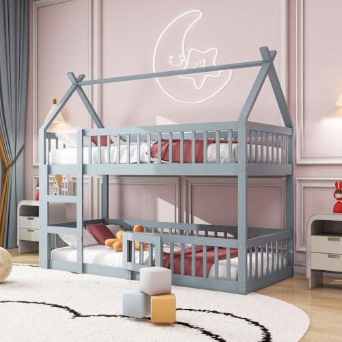 Lubvtti Letto a castello per bambini 90×200, letto a castello familiare in legno massello con scale, design soppalcato, Grigio (materasso non incluso)