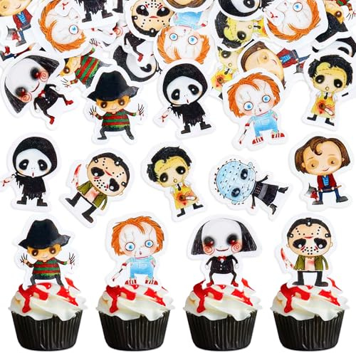 40Stk Essbare Horrorfilm Cupcake Topper Halloween Kuchen Topper | Essbare Cartoon Clowns Killer Kuchen Dekorationen,Horror Film Tötende Dämonen Cupcake Topper,Halloween Party Dekorationen