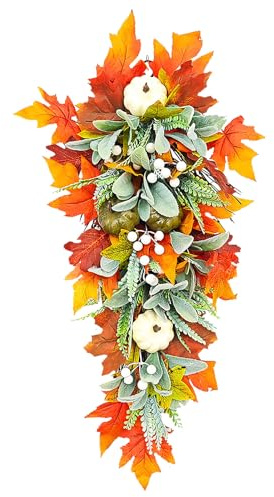 Herbstkranz Haustür 45 cm Türkranz Herbst mit Künstliche Kürbis Ahornblatt, Herbst Deko Kranz, Kunstkranz Haustür Türdeko Außen Drinnen Herbstdeko Hängende Herbstgirlande für Erntedankfest Halloween