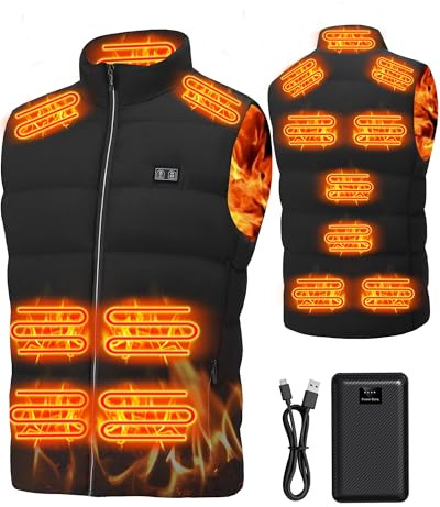 MXYKJO Gilet chauffant électrique pour homme : gilet chauffant USB 3 niveaux de température avec batterie de 7,4 V 16 000 mAh – 15 zones de chauffage – Veste d'hiver légère pour randonnée, ski, Noir