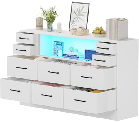 TRIOBLADE Chest of Drawers 10 Fabric Drawers Cabinet with Wood Top Dresser with 16 Color LED Lights Large Storage Cabinet Sturdy Storage Organizer with Handle for Bedroom Living Room (White)