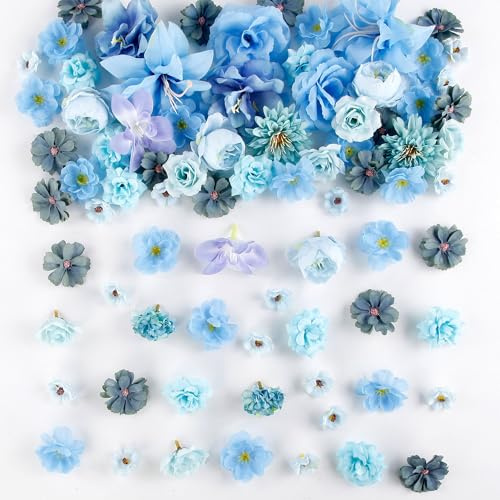 Acfruits 80 Stück künstliche Mini-Blütenköpfe, Blauer Mix (Rose, Pfingstrose, Gänseblümchen), Kunstseide, Großpackung, perfekt zum Basteln, Heimwerken, für Hochzeitssträuße und Partygirlanden