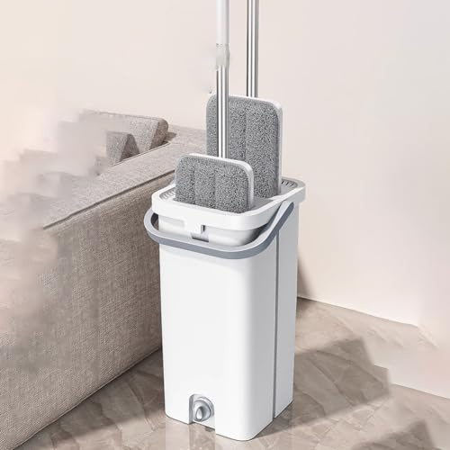 Ensemble de serpillière double essoreuse – Séparation humide/sec avec fonction trempage et essorage, tête rotative à 360°, manche en métal et 10 tampons en microfibre – Balai serpillière rob