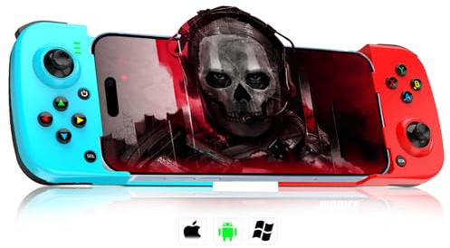 Manette de jeu sans fil pour iPhone/iPad/iOS/Android/Samsung/PC, avec bouton arrière, extensible, Bluetooth 5.0 à faible latence, lecture directe pour CODM, Diablo Immortal bleu et rouge