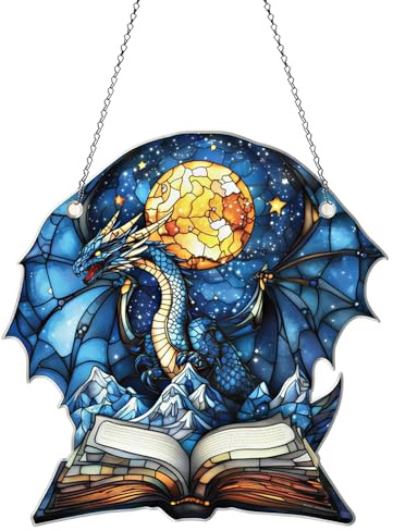 Drachen Sonnenfänger Hängedeko, 2D Acryl Fensterdeko Hängend mit Kette, Buntglas Effekt Fensterhänger Lichtfänger für Drachenliebhaber, Fensterschmuck Hängend für Wohnzimmer, Büro,Wandkunst