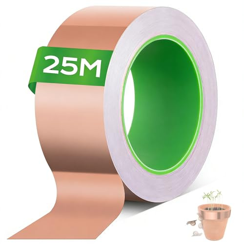 Kupferband Gegen Schnecken, 50mm x 25m Beidseitig Leitende EMI Kupferfolienband, Selbstklebend Kupferband Schnecken für Hochbeet Pflanzen, Schneckenband Kupfer für Erdung Löten und Schneckenabwehr