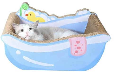 Hitburu Liten kattsäng – med skrapbräda korrugerat papper – badkarsformad lugnande kattbädd – för kattunge valp liten hund husdjur heminredning vardagsrum balkong lägenhet sovsal lek