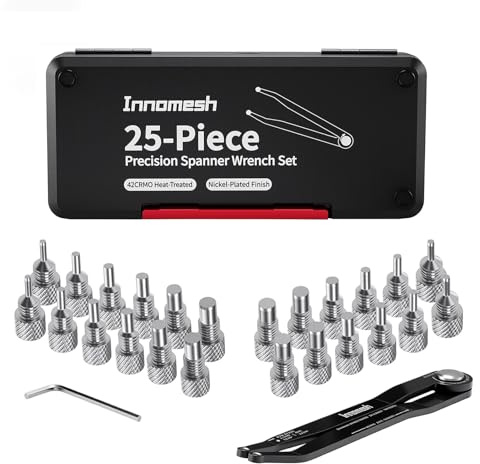 25 Piece Pin Spanner Wrench Set,42CRMO Heat-Treated,Nickel-Plated Finish,Adjustable Spanner Wrench for Bearings,Pulleys & Lock Nuts,Metric & Imperial Precision Pin Wrench,160mm Arms,180° Rotation