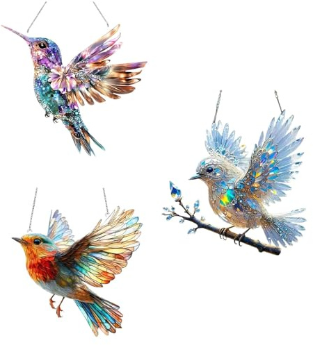 3Pcs Robin Suncatchers, Stained Glass Style Heart-Shaped Ornament Hanging Decorations, Home Window Garden Balcony Holiday Decor Gifts