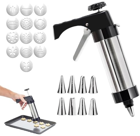 Eabdice Juego de pistolas de prensa para galletas, prensa de pastelería de acero inoxidable, con 13 accesorios y 8 boquillas de acero inoxidable, ideal para el hogar y la panadería