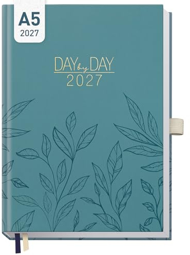 Häfft® Organizer Day by Day Buchkalender 2027 A5 Blue Leaves | 1 Tag 1 Seite, Tagesplaner Kalender, Hardcover Tageskalender Terminkalender, Terminplaner mit Uhrzeiten, Tageszielen & mehr