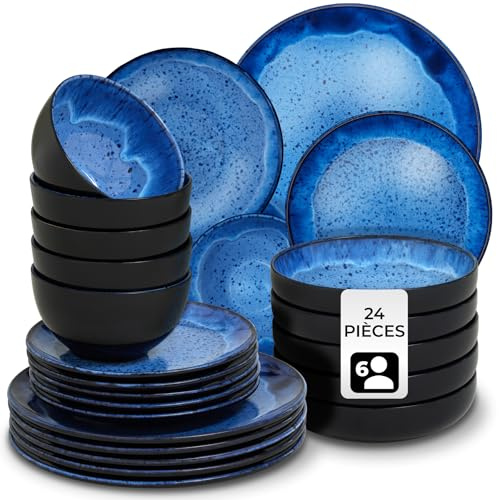 tectake® Set stoviglie 24 pezzi terracotta, servizio piatti 6 persone, set piatti moderni grandi, piccoli, fondi, ciotole, gres smaltato, design moderno, adatto lavastoviglie microonde - Blu
