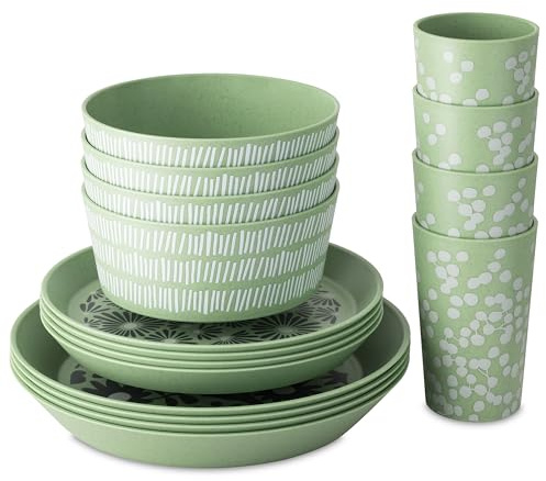 Koziol BLOMSTER SET Geschirrset | 16 Teile, florales Dekor, bruchfest, stapelbar | biozirkulärer Kunststoff, spülmaschinengeeignet, melaminfrei | Camping, Picknick, Party (nature leaf green)