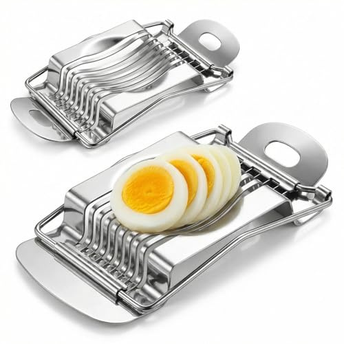 2PCS Egg Slicer for Boiled Eggs, Hangable Stainless Steel Boiled Egg Cutter, Multifunctional Manual Eggs Cutter Slicer, for Hard Boiled E-GGS, Strawberry, Banana, Ham
