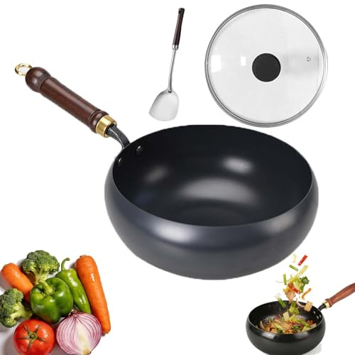 Leyof Tsubame Sanjo Pfanne, 2026 Neu Japanische Tsubame-Sanjo Meister Pfanne, Unbeschichtet, Handgefertigt zum Kochen, Braten, Induktionsgeeignet mit Holzgriff, Deckel Kochen (28 cm,Glasdeckel * B)