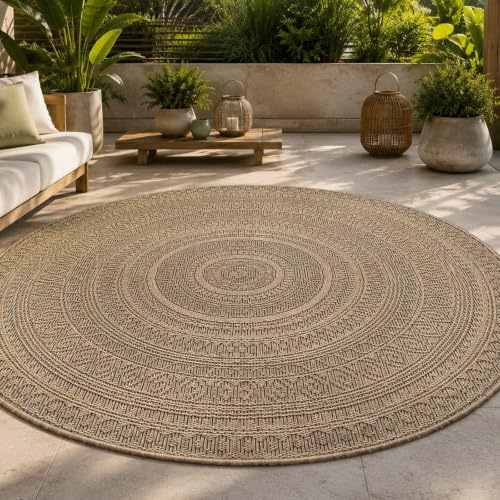 Taracarpet In- & Outdoor Teppich Wetterfest Wohnzimmer Balkon Küchenteppich Flachgewebe sisaloptik Mandala Natur 120 cm rund