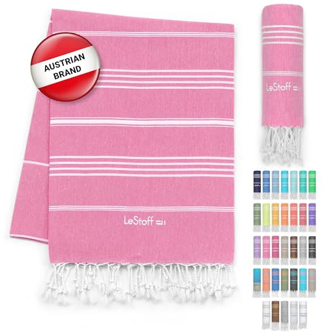 LeStoff Hamamtuch Strandtuch, 100% Bio-Baumwolle, 95x180 cm, Pink | Reisehandtuch, Badetuch, Liegetuch und großes Handtuch – leicht, kompakt, sandfrei, saugstark und schnelltrocknend