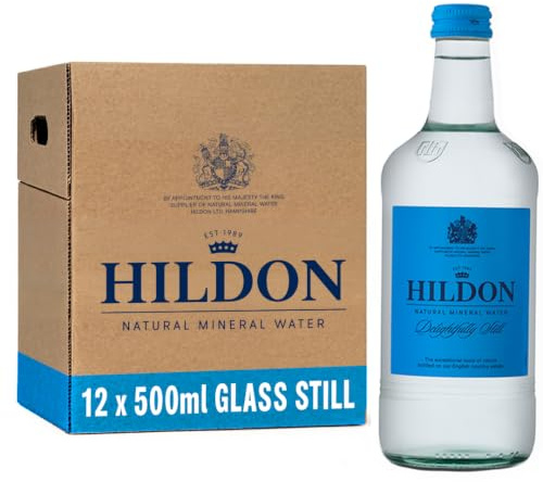 Hildon Natural Mineral Water 12 x 500ml Glass bottles - Delightfully Still - Sourced from a natural aquifer nestled on our Chalk Valley estate - Low Sodium, Naturally Alkaline, Kings Royal Warrant