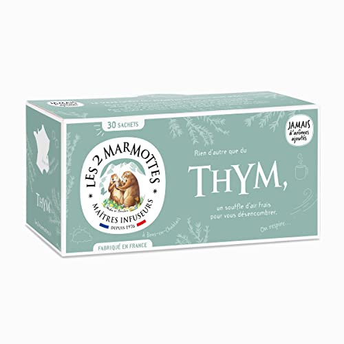 Les 2 Marmottes - Thyme Herbal Tea 30 teabags - Anticold - Well-Being and Relaxation - A Breath of Fresh air to Clear Your Airways - Made in France - No Added flavouring - 35 g