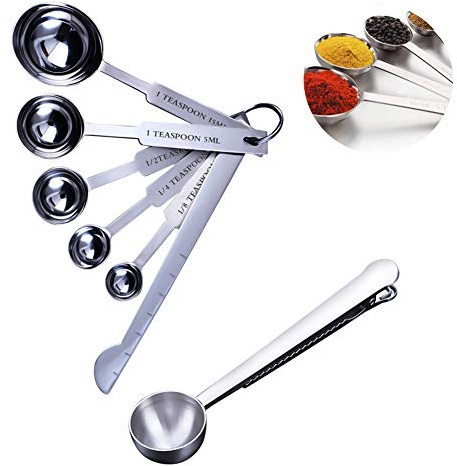 Maatlepel roestvrijstalen eetlepel theelepel metalen maatlepel, koffielepel met maatstokje en clip, voor droge en vloeibare ingrediënten, set van 7