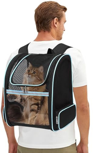 PETCUTE Kattbärare hundryggsäck expanderbar husdjursbärare ryggsäck bärbar hundkroppshållare andningsbar katt ryggsäck nät fönster reflekterande remsor design för att bära valpar hundar katter upp