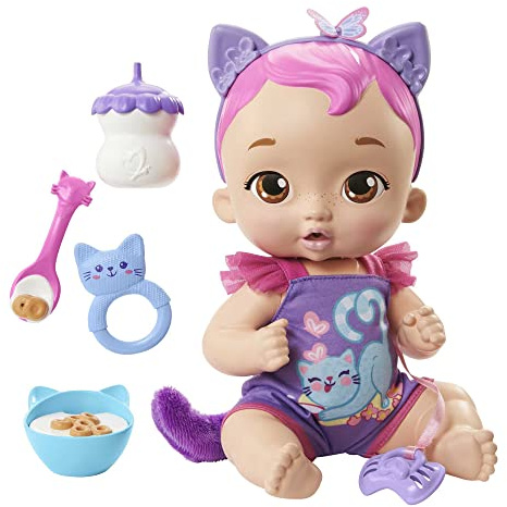 My Garden Baby HHP28 - Katzen-Baby Puppe (blaue Haare) mit Katzenohren und mehr als 20 Geräuschen, inkl. 5 Zubehör-Teile, interaktives Spielzeug für Kinder ab 3 Jahren