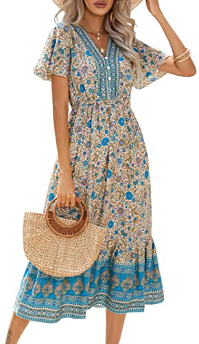 Clearlove Damsommarklänning, boho, kortärmad midiklänningar, v-ringad strandklänning, lång blommig klänning, volanger, fritidsklänning med knappar (förpackning återanvändbar), M