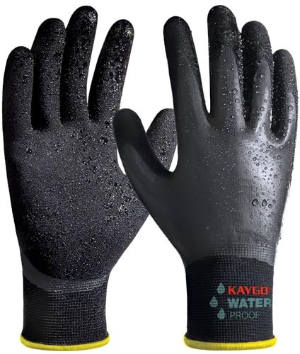 KAYGO guanti da lavoro impermeabili per uomini e donne con doppio lattice rivestito, antiscivolo grip, per giardinaggio, lavaggio auto, pesca, pulizia, KG150 (Nero, L, taglia 9, 1 paio)