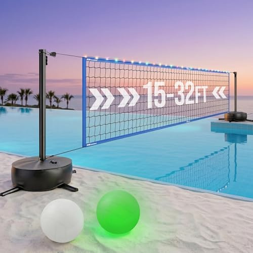 Haokelball Pool-Volleyballnetz-Set, 4,5 m - 9,8 m Länge, verstellbar, Pool-Volleyballnetz für Pool mit 2 Volleybällen und Pumpe, einfacher Aufbau, Pool-Volleyball-Spiel mit beschwertem Boden und