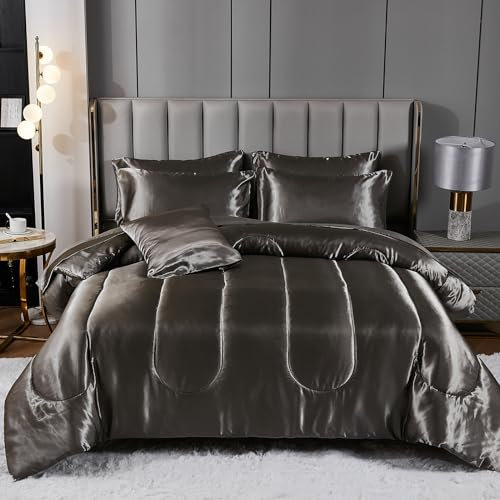 Satin-Bettwäsche-Set mit Bettlaken-Set, für Kingsize-Bett, seidenähnliches Grau, 8-teilig, luxuriös, seidige Bettlaken mit 1 Bettdecke, 1 Bettlaken, 1 Spannbetttuch, 4 Kissenbezügen, 1 Kissenbezug