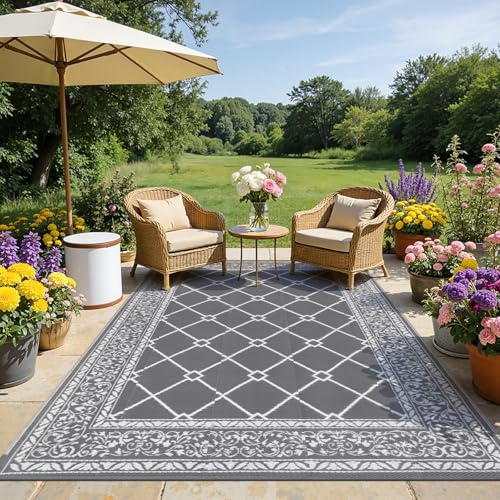 SHACOS Tappeto da Esterno Impermeabile 240x300 cm, Resistente ai Raggi UV, Tappeto da Giardino Reversibile per Balcone, Terrazza, Cortile, Portico, Spiaggia, Campeggio, Grigio
