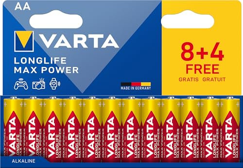 VARTA Piles AA, 8+4 (lot de 12), Longlife Max Power, Alcalines, 1,5V, emballage recyclé à 90%, adaptées aux appareils photo numériques, contrôleurs, Made in Germany
