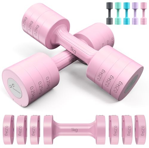 Sportneer Justerbara hantlar damset: hantlar set om 2 stycken 2–5 kg (1–2,5 kg) vikter, 4-i-1 justerbar dumbbell-set, träningsutrustning för hem, gym, styrketräning, gåva (rosa)