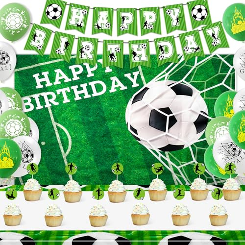 Wood Homing Football Birthday Decoration Set - Green and White Football Party Supplies with Happy Birthday Banner Cake Topper for Kids Boys Teenager Soccer Sport Hanging Decor Tableware and Backdrop