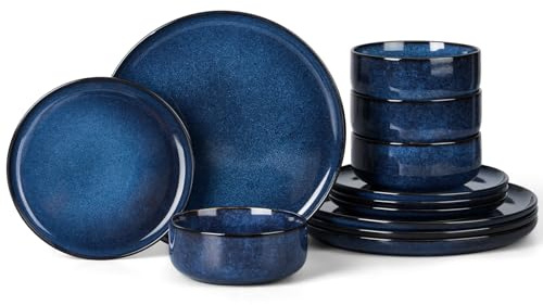 Onader 12 Piece Dinner Set, Reactive Glaze Stoneware Dinnerware for 4 People, Elegant Plates and Bowls Sets for Kitchen Christmas, Scratch Resistant, Microwave & Dishwasher Safe - Midnight Blue
