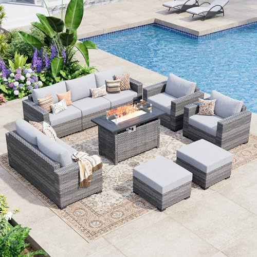WACASA 7 Piece Patio Furniture Set with Fire Pit Table, Outdoor Patio Sectional Sofa Couch with Washable Cover, Natural Rattan Weave Conversation Set for Garden Outdoor