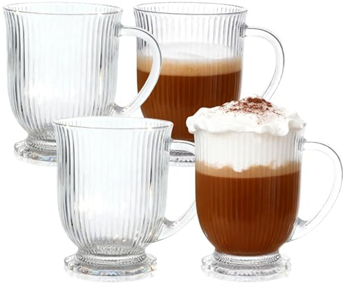 APACALI Glass Coffee Mugs Set of 4, 480ml / 16oz Latte Glasses, Glass Mugs for Hot Drinks with Handles, Ribbed Clear Coffee Cups for Tea Milk Juice Ice Cream