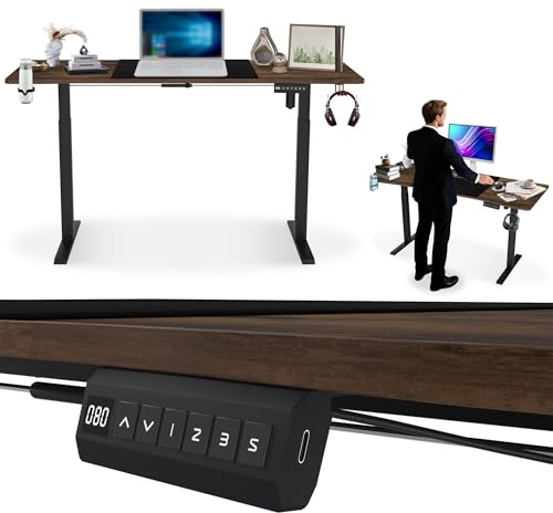 UISEBRT Höjdjusterbart elektriskt skrivbord med laddningsport typ C, justerbar höjd, 120 x 60 cm, med minnesfunktion, mugghållare, hörlurskrok, för skrivbord, vintage brun