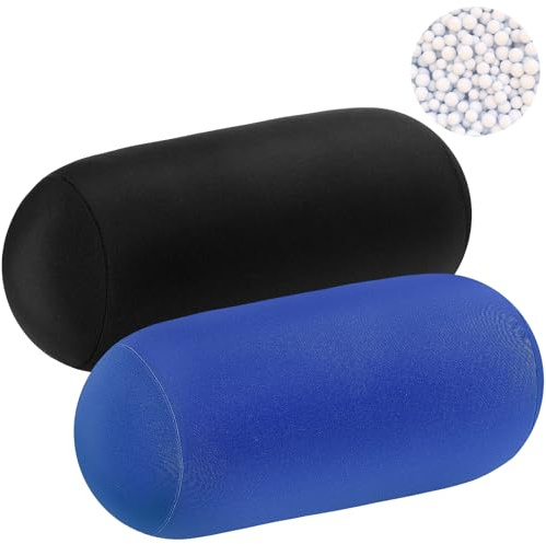 Geelin 2 Pcs Bead Roll Pillow 11.8 x 6.3 Inch Soft Bolster Cylindrical Pillow for Sleeping Home Travel Neck Head Back Support Rest(Black, Blue)