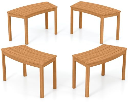 DREAMADE Gartenbank Holz, 4er Set Gebogene Sitzbank wetterfest, Holzbank ohne Rückenlehne, Balkonbank aus Akazienholz mit Latten-Sitzen, Parkbank für Garten, Balkon, Terrasse, Natur