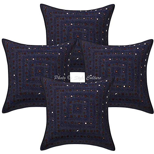 Stylo Culture Ethnico Fundas Cojines Decorativa 40x40 cm Algodón Geométrico Funda Almohadon Sofa Azul 16x16 Inch Encaje De Espejo Bordado Cuadrado sobre Fundas Almohadones para Sillas - 4 Pcs